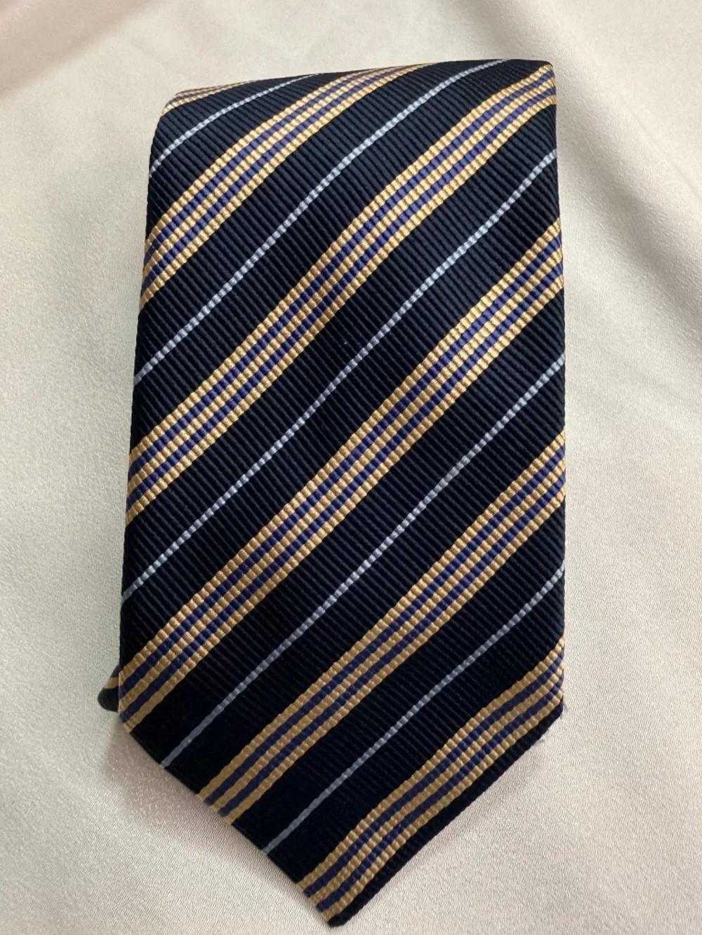 Burberry London Men's 100% Silk Navy Gold Blue Striped Necktie
